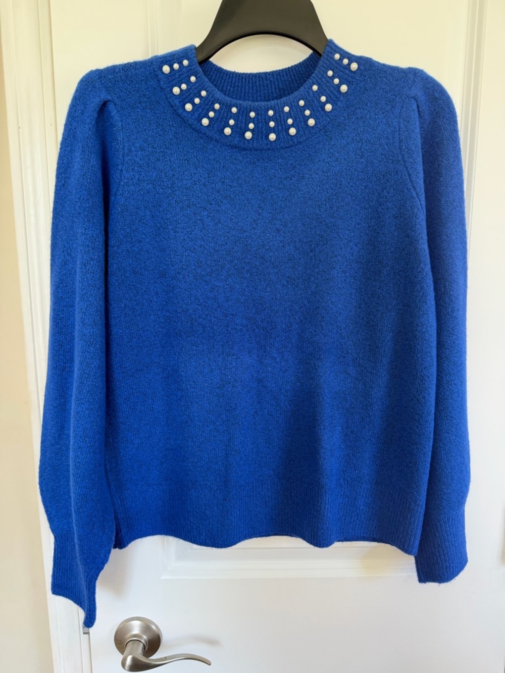 CeCe Royal Blue Crewneck Sweater with Pearl Accent
